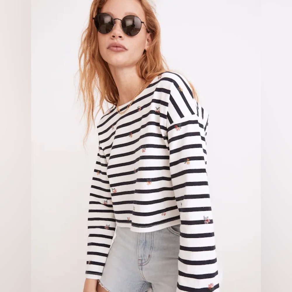 Madewell Embroidered crop Long-Sleeve Tee in Stripe size M 100%cotton